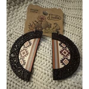 Justin Western Genuine Leather Earrings Dangle Tooled Aztec Embossed NWT